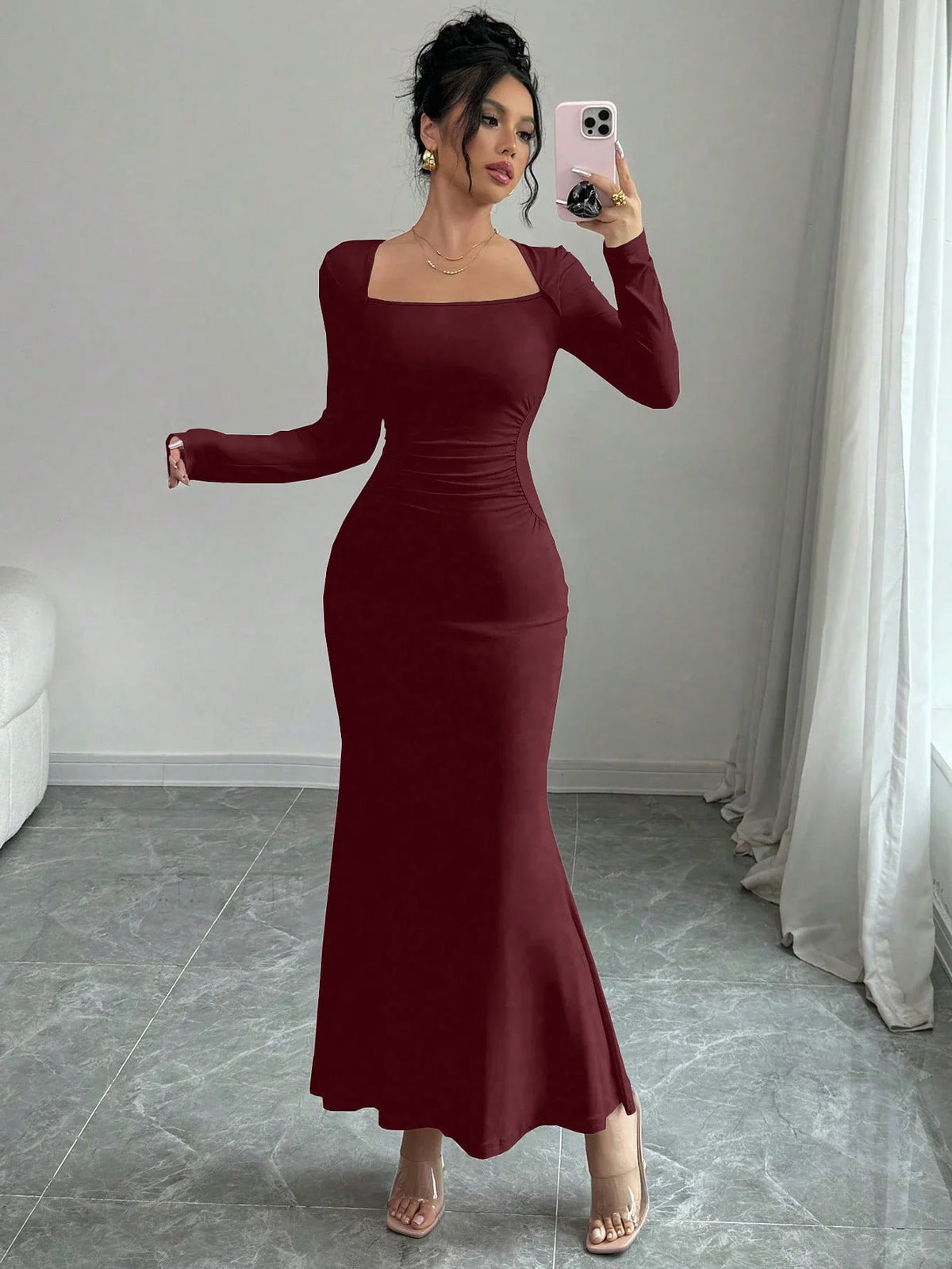 Elegant Retro Solid Color Square Collar Long Sleeve Dress