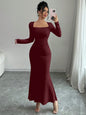 Elegant Retro Solid Color Square Collar Long Sleeve Dress