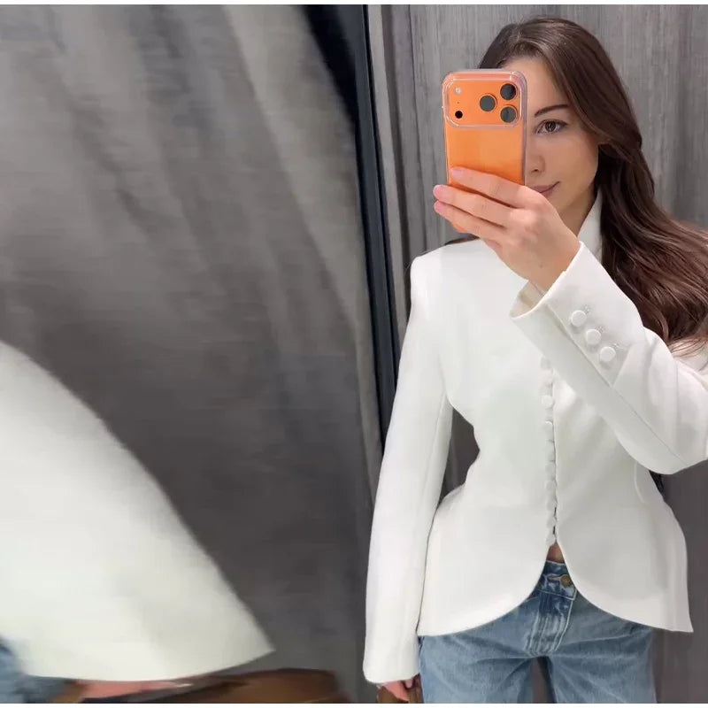 Chic Waist Cinched Women's Blazer Coat with Stand Collar