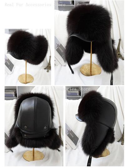 Men's Real Silver Fox Fur Bomber Hat