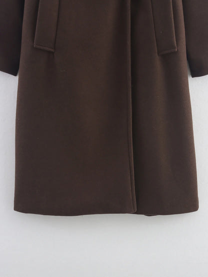 Brown Woolen Coat for Women with Notch Neck