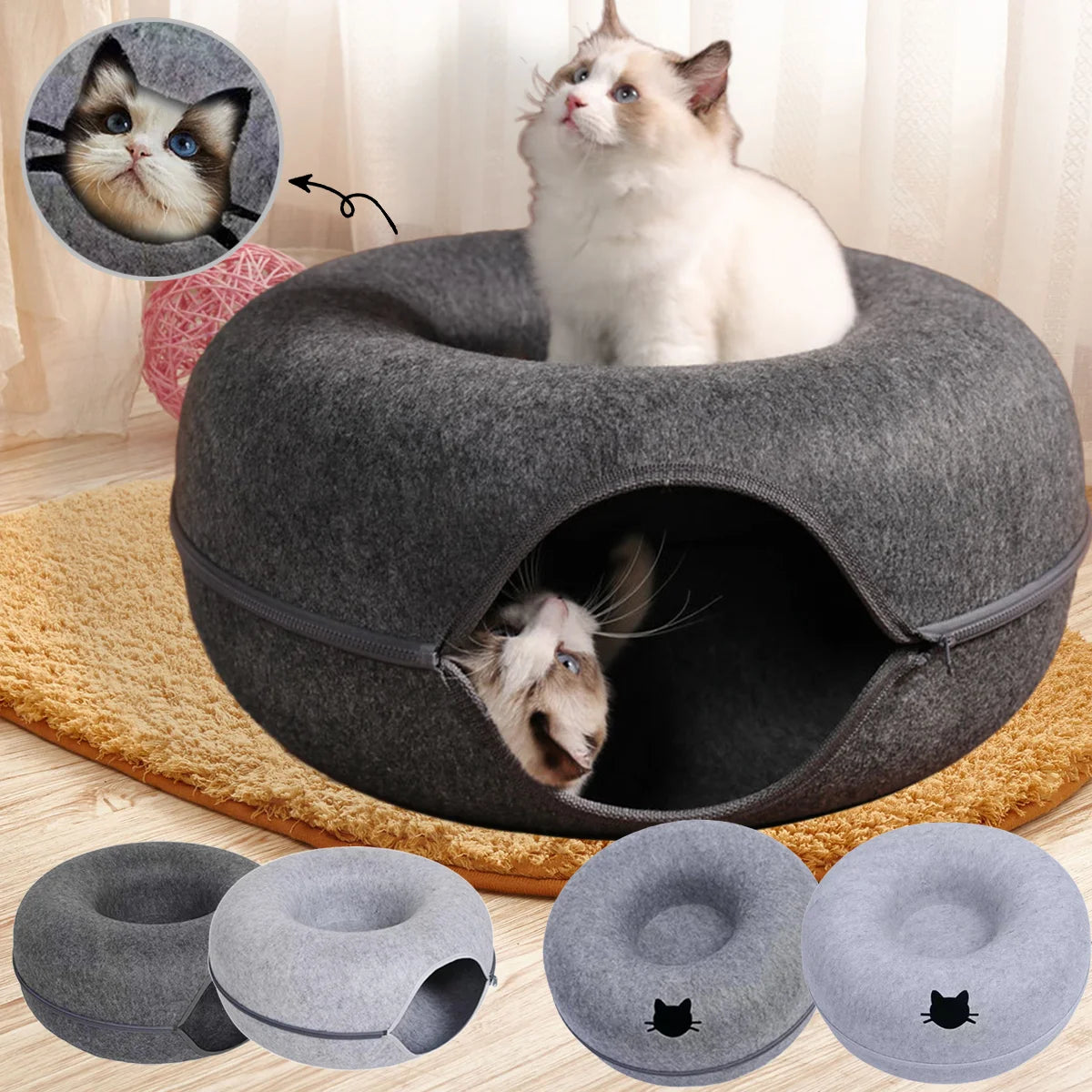 Felt Donut Cat Bed with Breather Hole and Tunnel