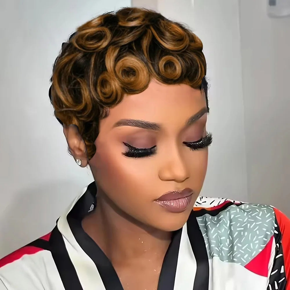 Short Layered Curly Pixie Cut Wig Natural Black