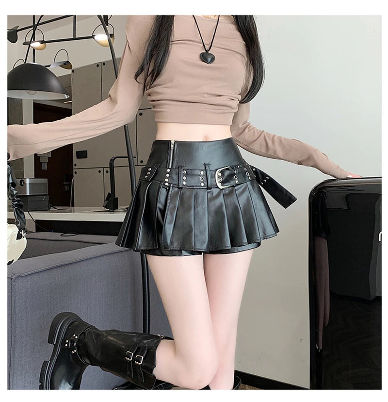 Black Pleated Leather A-line Skirt for Women