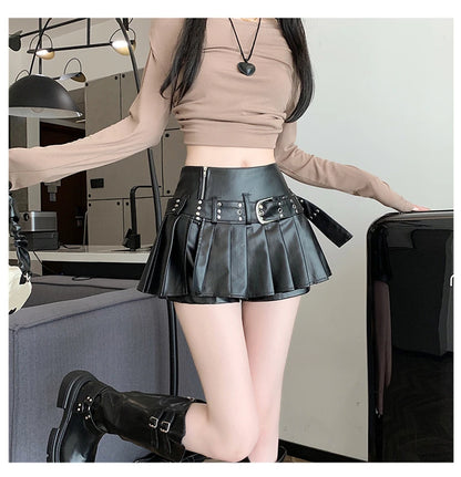Black Pleated Leather A-line Skirt for Women