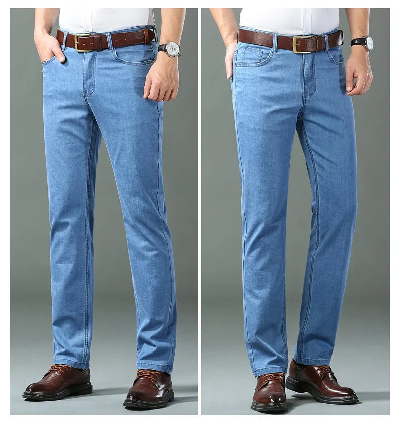 Men's Blue Straight Denim Jeans Lightweight Casual Trousers