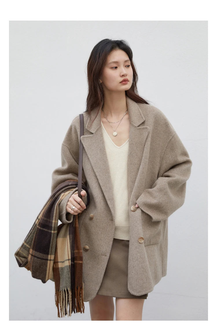 Women's Woolen Double Breasted Jacket Office Lady Outerwear