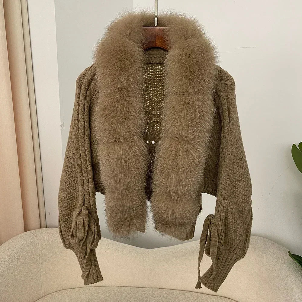 Knitted Cardigan Coat for Women with Real Fox Fur