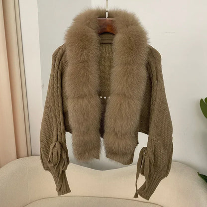 Knitted Cardigan Coat for Women with Real Fox Fur