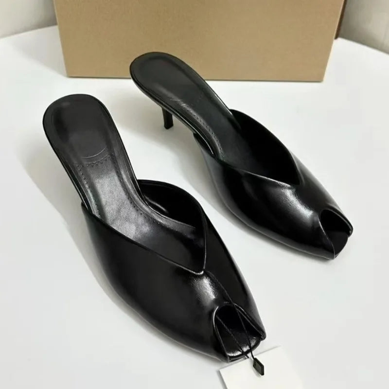 Peep Toe High Heeled Sandals Patent Leather Mules