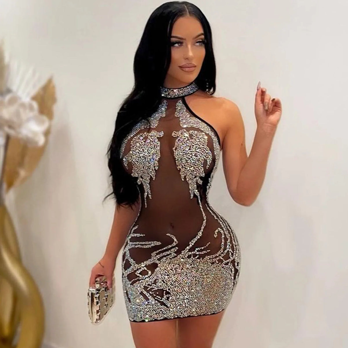 Rhinestone Mesh Bodycon Mini Dress for Women
