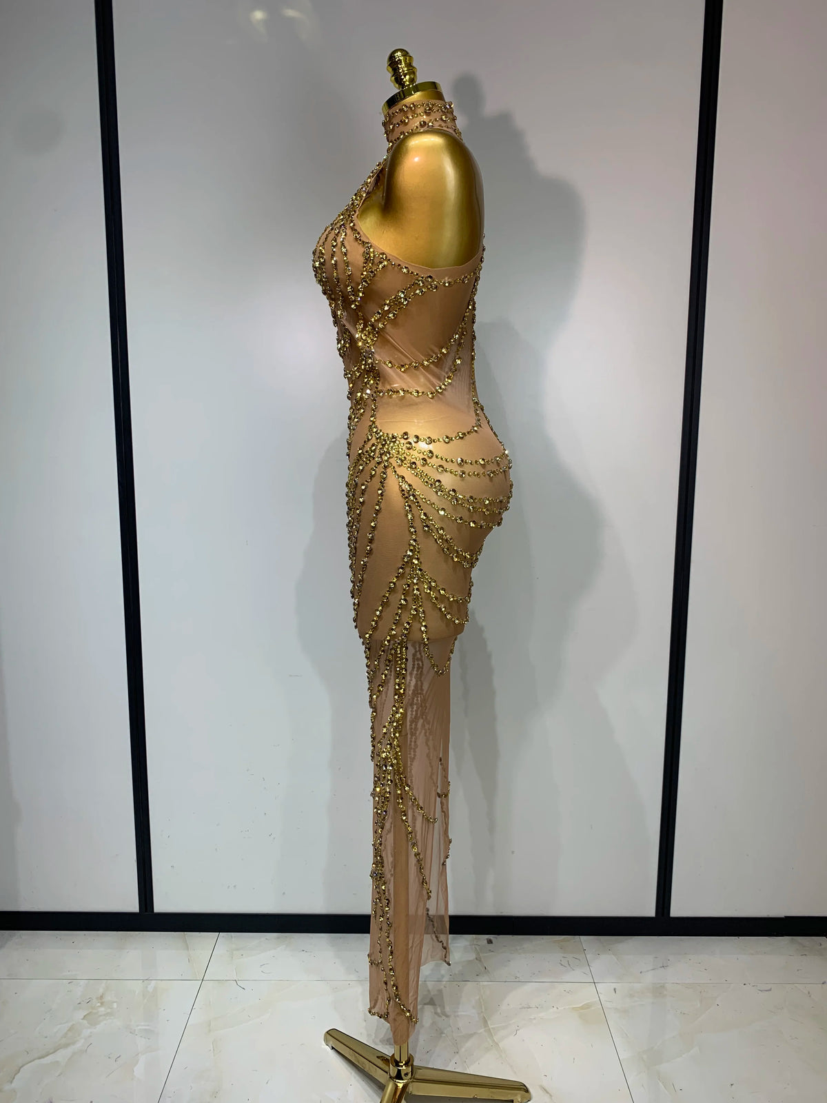 Sparkly Rhinestone Transparent Mesh Long Dress