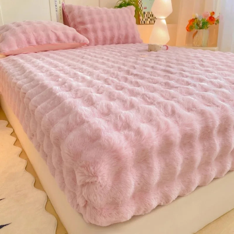 Fluffy Plush Fitted Bed Sheet Rabbit Fleece Solid Color