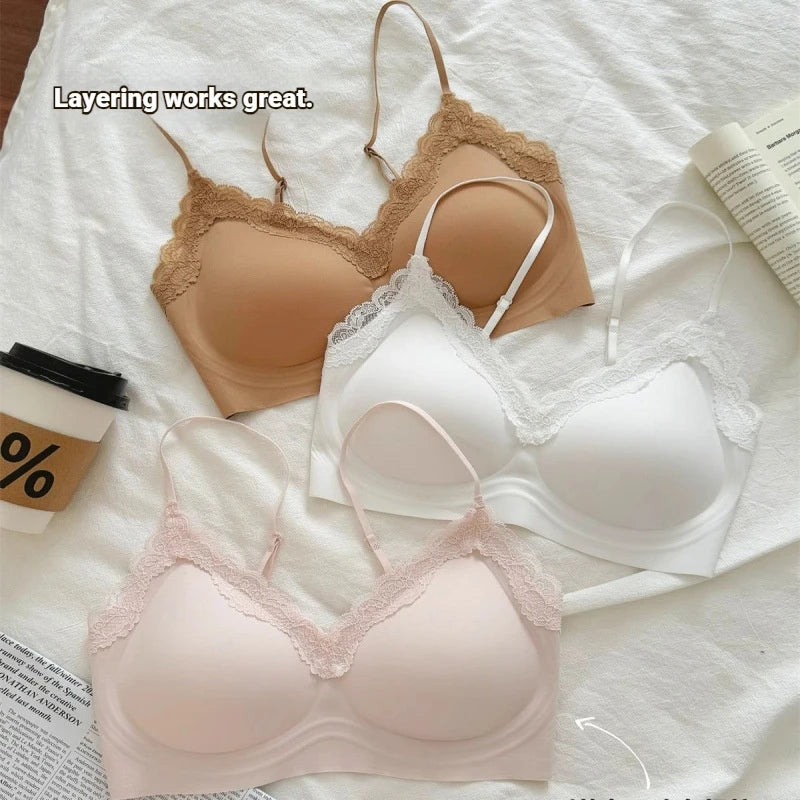French Lace V Neck Seamless Wireless Bra S-XL
