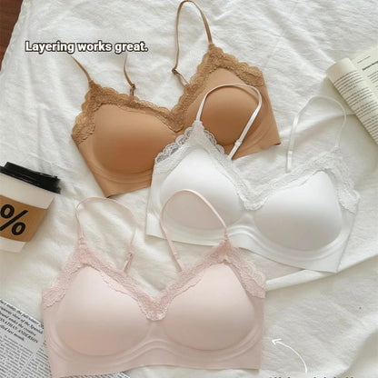 French Lace V Neck Seamless Wireless Bra S-XL