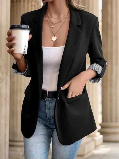 Women's Slim Fit Polyester Blazer Jacket with Rolled Sleeves