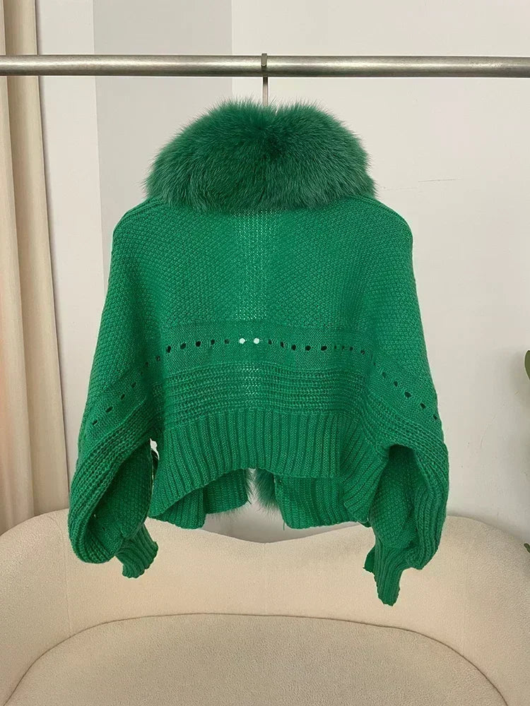 Knitted Cardigan Coat for Women with Real Fox Fur