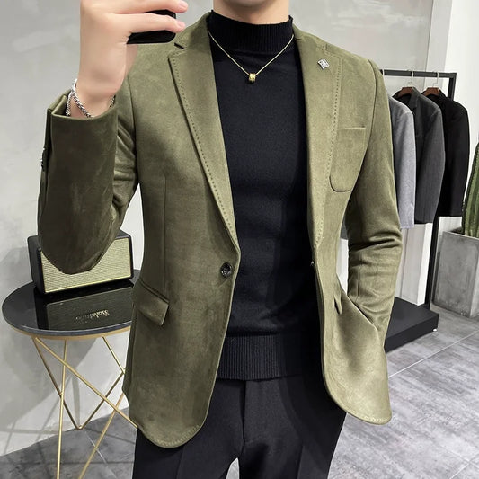 Men's Deerskin Fleece Blazer Single Button Suit Coat