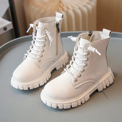 Girls Black Leather Ankle Boots with Thick Sole
