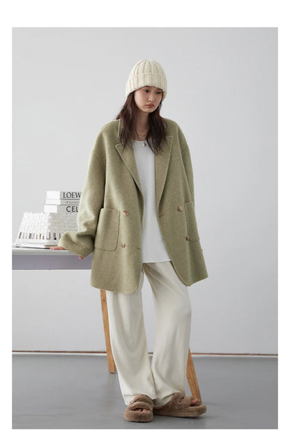 Women's Woolen Double Breasted Jacket Office Lady Outerwear