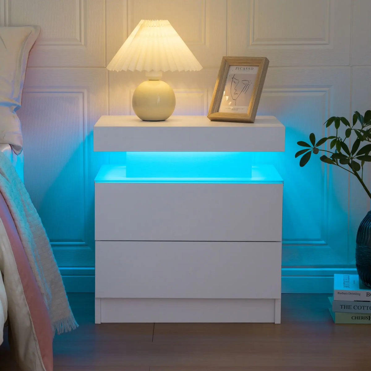 Cubehom White LED Nightstand with 2 Drawers