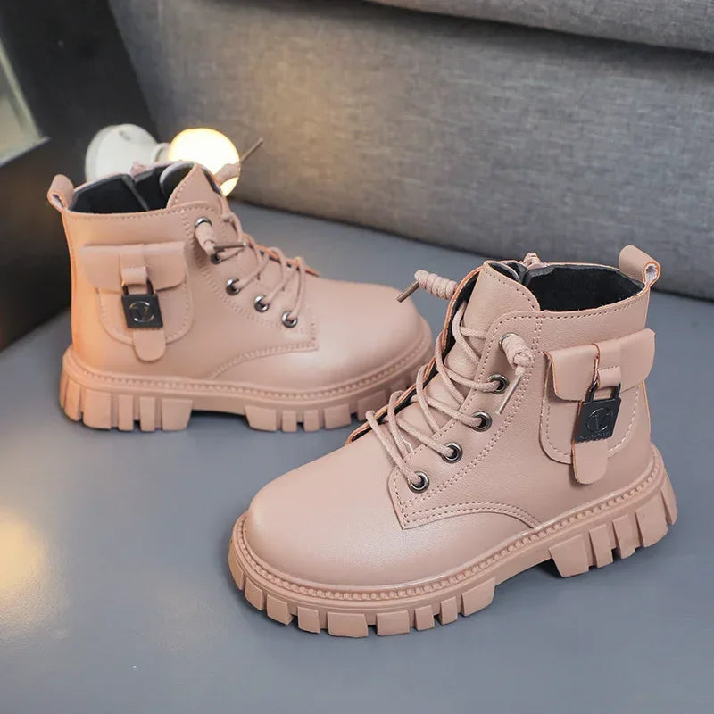 Girls PU Leather Ankle Boots with Anti-slip Sole
