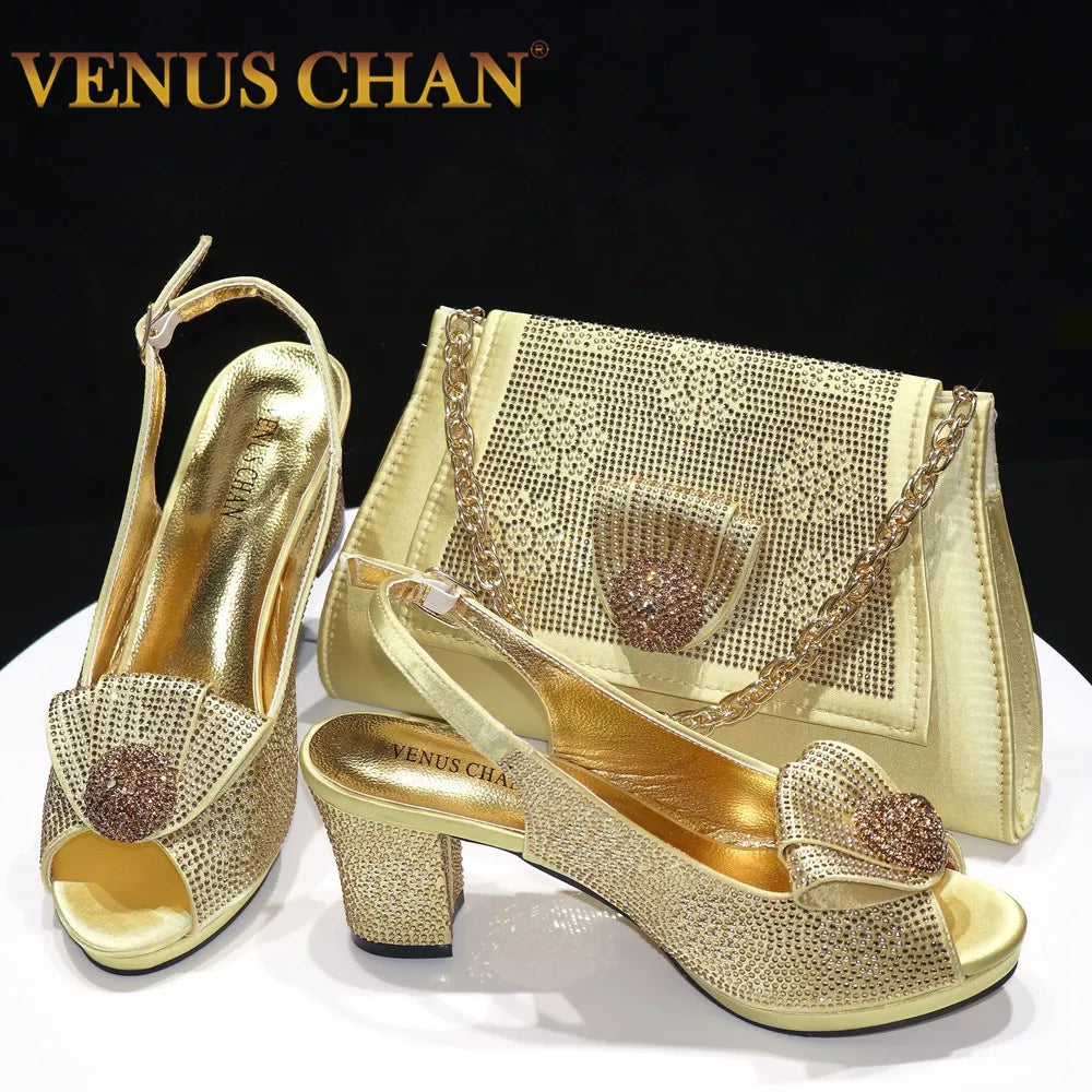 Golden Wedding Shoes And Bag Set With Diamond Decoration