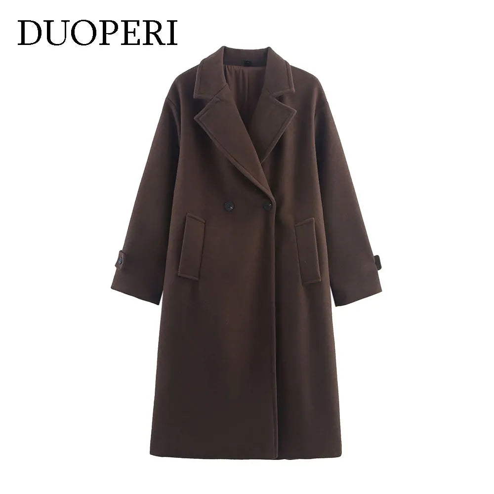 Brown Woolen Coat for Women with Notch Neck
