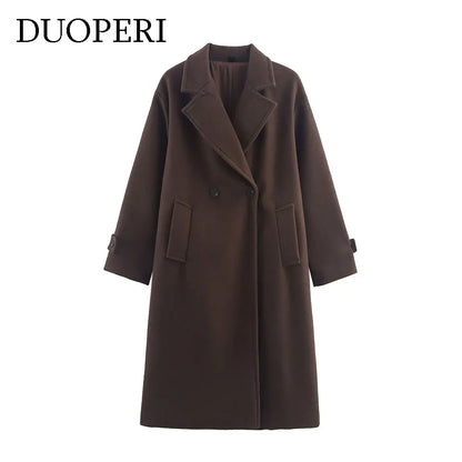 Brown Woolen Coat for Women with Notch Neck