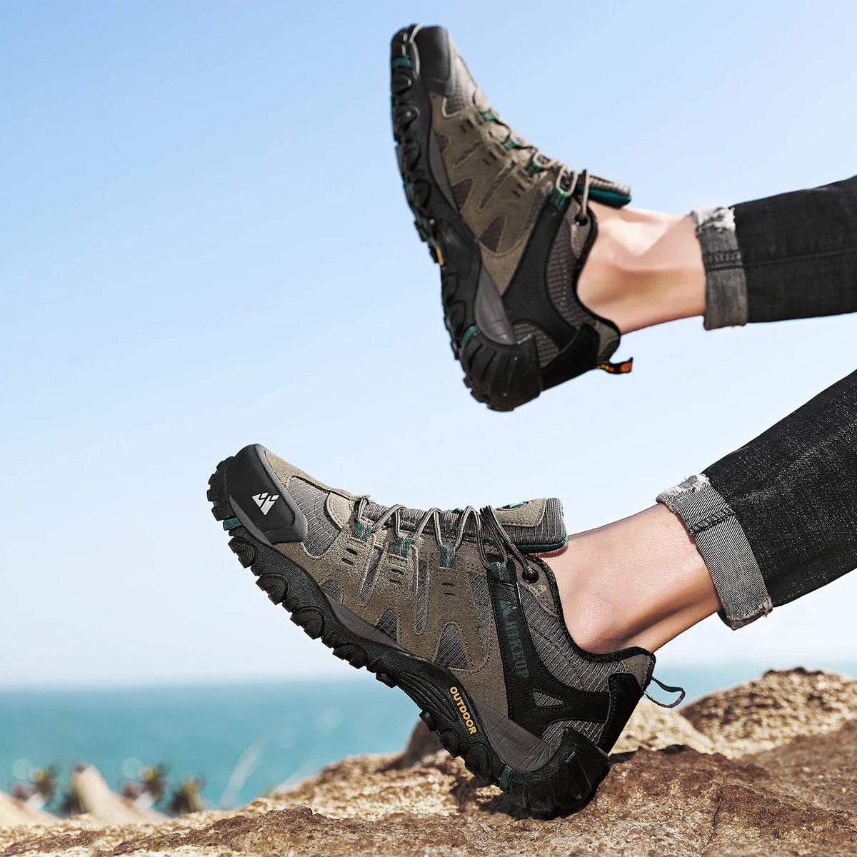 HIKEUP Men's Suede Leather Hiking Shoes Black Gray Khaki