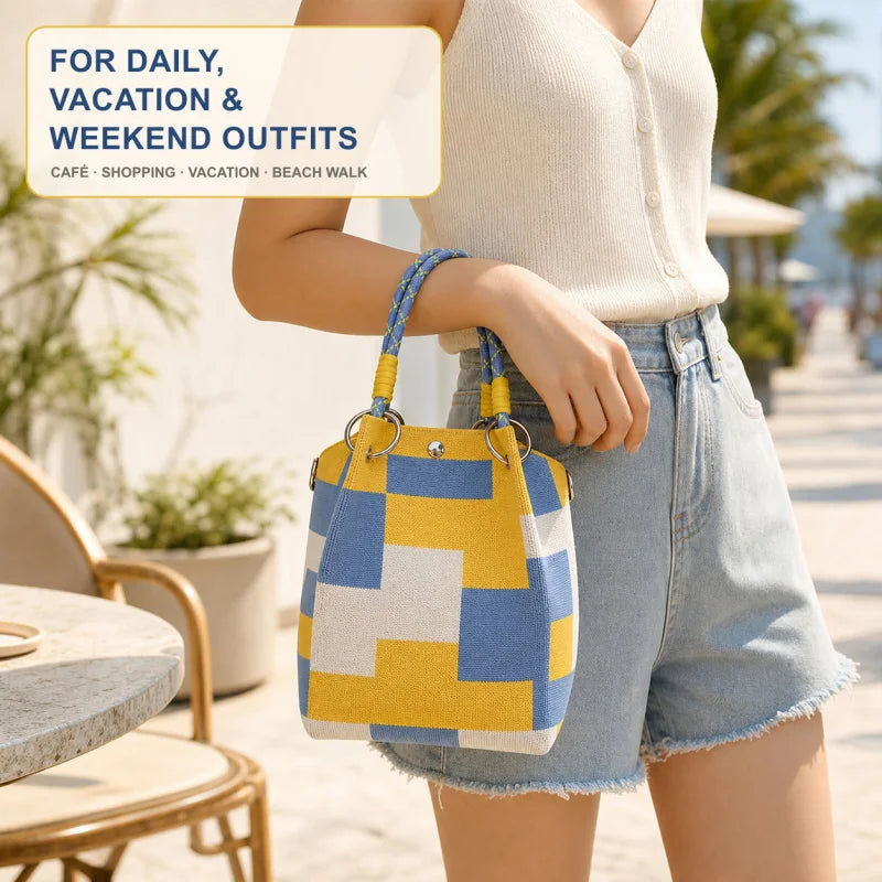 Mini Knitted Bucket Bag Women Colorblock Wristlet Purse