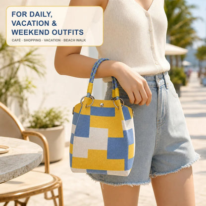 Mini Knitted Bucket Bag Women Colorblock Wristlet Purse