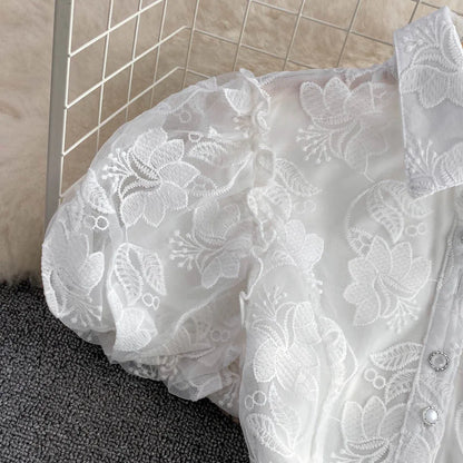 Women Vintage Lace Mini Dress with Puff Sleeves