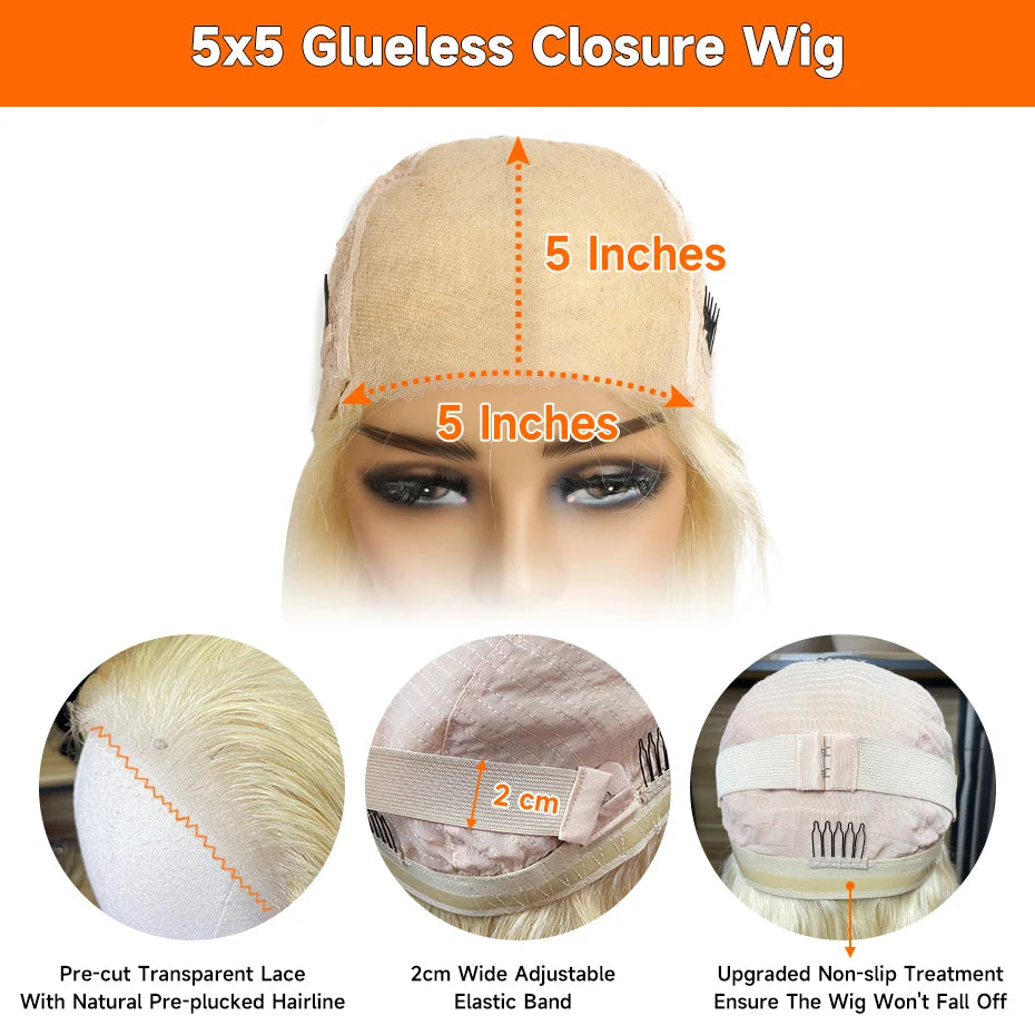 613 Glueless Human Hair Lace Closure Wig Blonde Straight