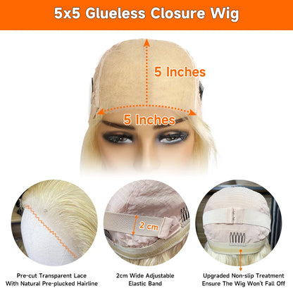 613 Glueless Human Hair Lace Closure Wig Blonde Straight