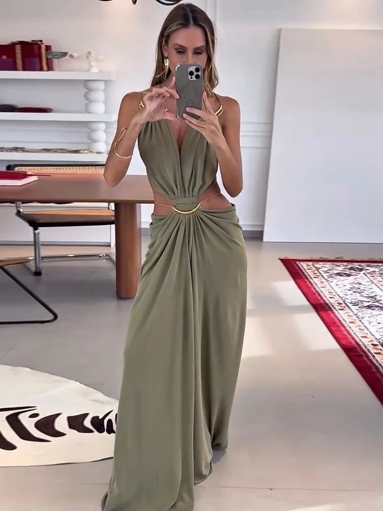 Backless Halter Dress for Women in Solid Polyester