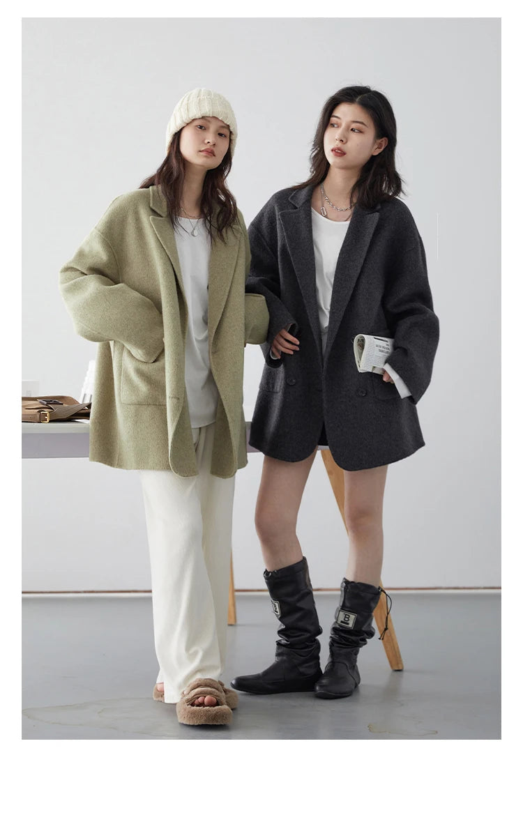 Women's Woolen Double Breasted Jacket Office Lady Outerwear