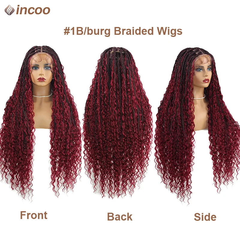 Boho Box Braided Curly Hair Full Lace Wig Burgundy