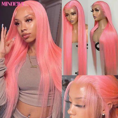 Pink 30 Inch Straight Lace Front Wig Human Hair