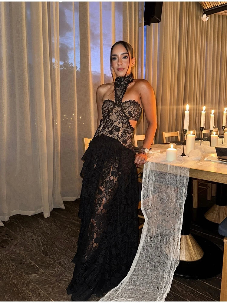 Sexy Lace Patchwork Halter Evening Gown for Women