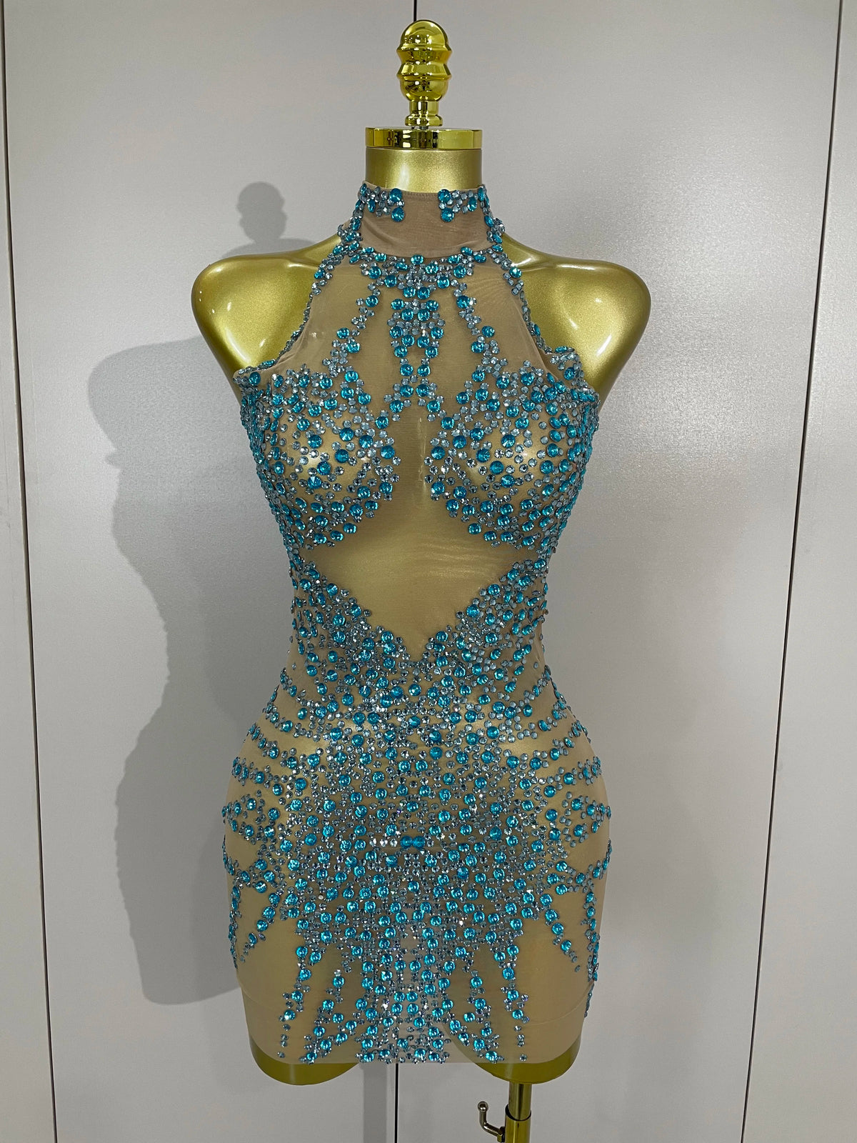Sparkly Rhinestones Mesh See Through Dress for Women