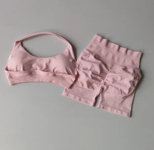 Peach High Waist Seamless Sports Bra and Shorts Set