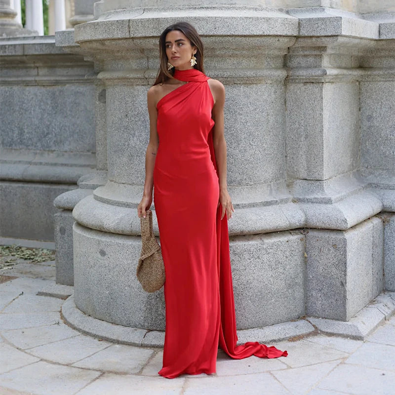 Elegant Halter Dress Women Solid Backless Maxi Dress