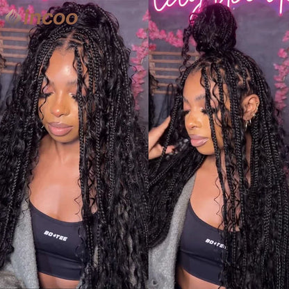 Boho Box Braided Curly Hair Full Lace Wig Burgundy