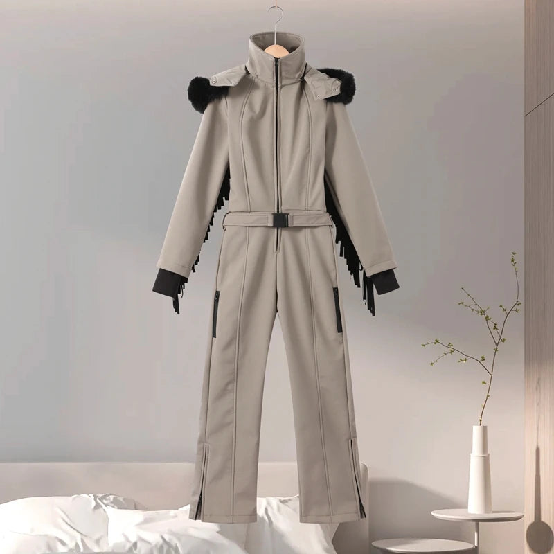 Women's Ski Suit with Fur Hood and Zippers