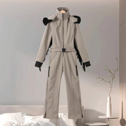 Women's Ski Suit with Fur Hood and Zippers