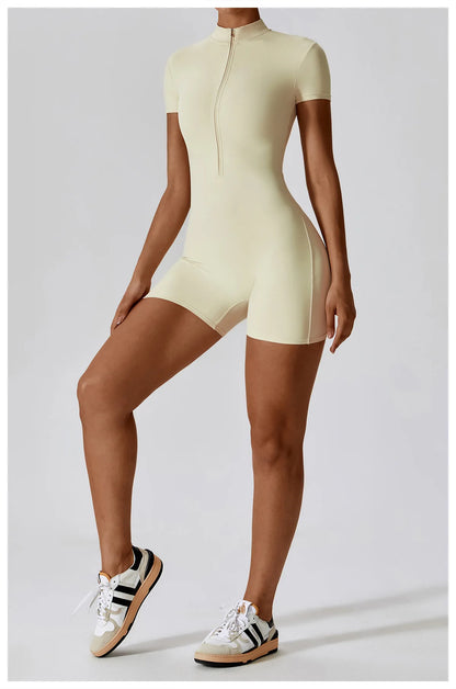 Summer Zipper Short Sleeve Yoga Bodysuit for Women