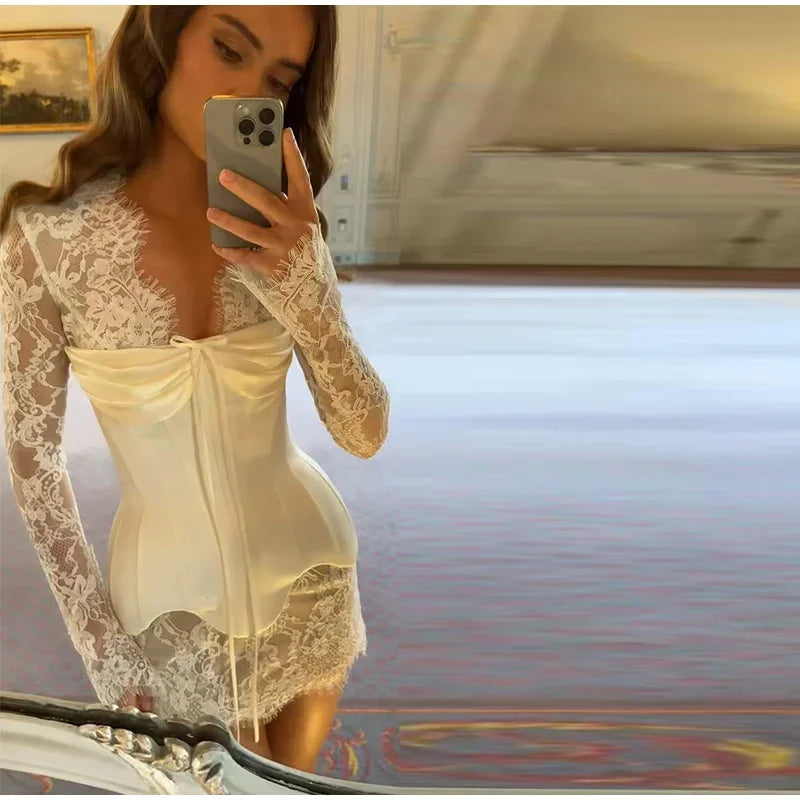 Lace Mini Dress for Women with Corset and Long Sleeves