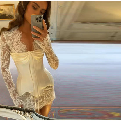Lace Mini Dress for Women with Corset and Long Sleeves