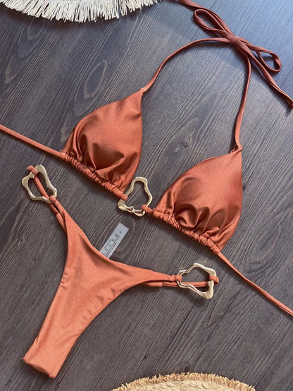 Halter Neck Micro Bikini Set Women Solid Swimwear